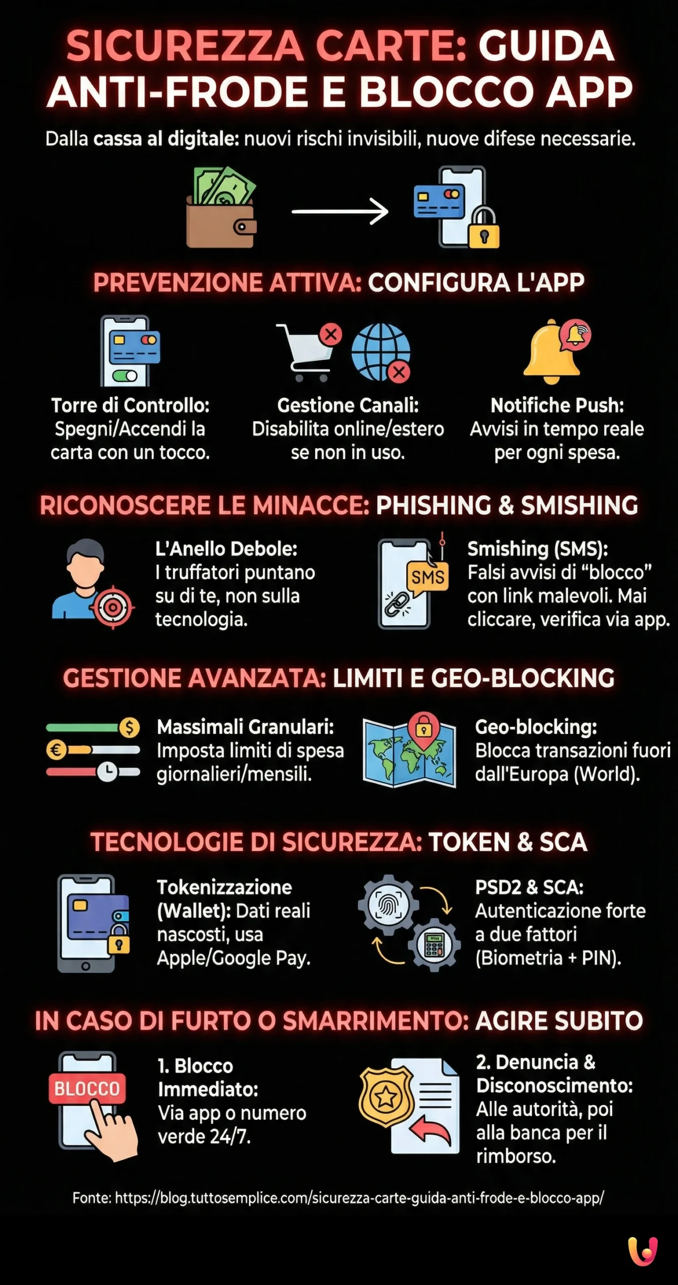 Sicurezza Carte: Guida Anti - Frode e Blocco App - Infografica riassuntiva