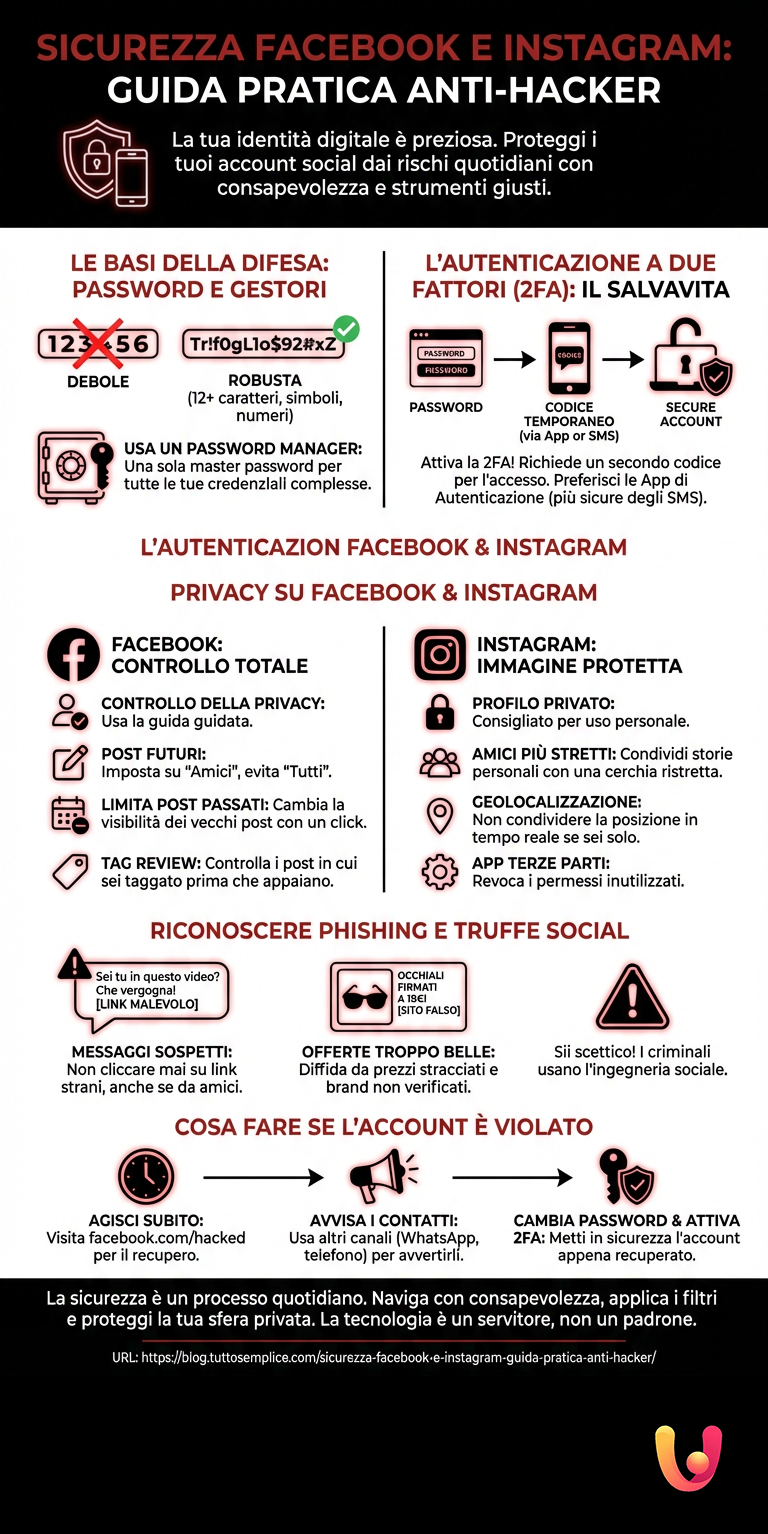 Sicurezza Facebook e Instagram: Guida Pratica Anti - Hacker - Infografica riassuntiva