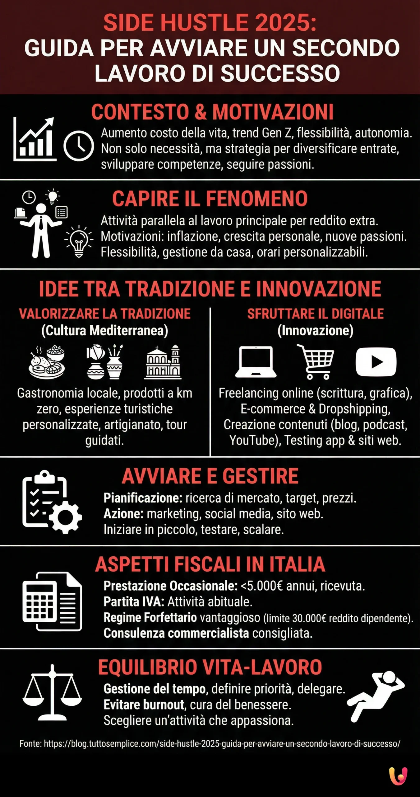 Side Hustle 2025: Guida per Avviare un Secondo Lavoro di Successo - Infografica riassuntiva