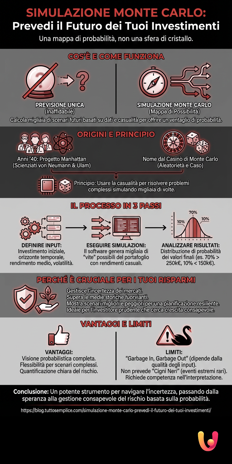Simulazione Monte Carlo: Prevedi il Futuro dei Tuoi Investimenti - Infografica riassuntiva