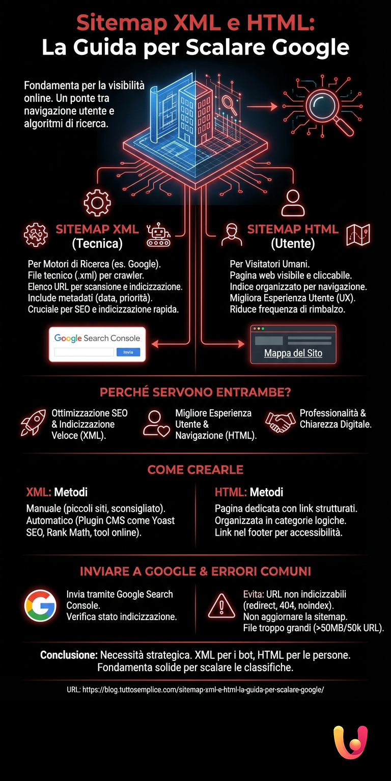 Sitemap XML e HTML: La Guida per Scalare Google - Infografica riassuntiva