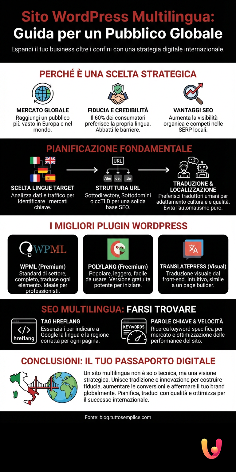 Sito WordPress Multilingua: Guida per un Pubblico Globale - Infografica riassuntiva