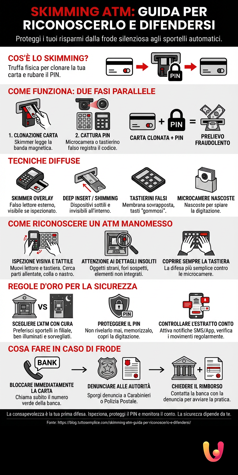 Skimming ATM: Guida per Riconoscerlo e Difendersi - Infografica riassuntiva