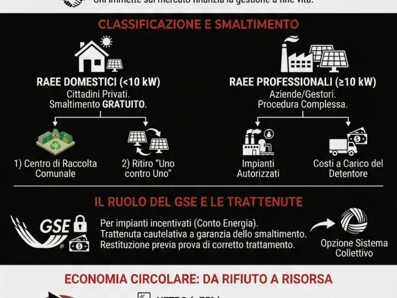 Infografica: Smaltimento Pannelli Fotovoltaici: Guida Completa alla Normativa RAEE tra Tradizione e Innovazione