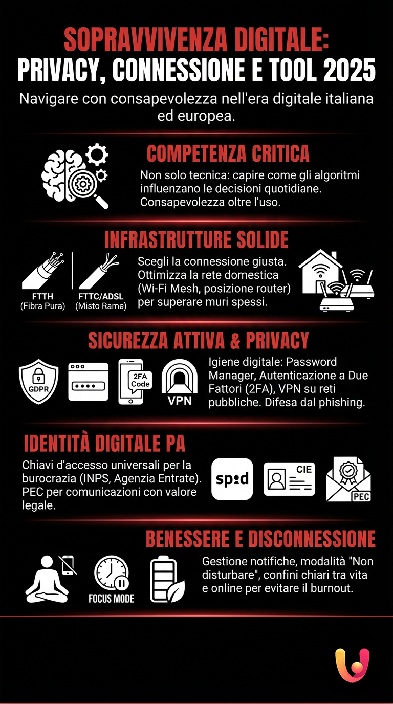 Sopravvivenza Digitale: Privacy, Connessione e Tool 2025 - Infografica riassuntiva