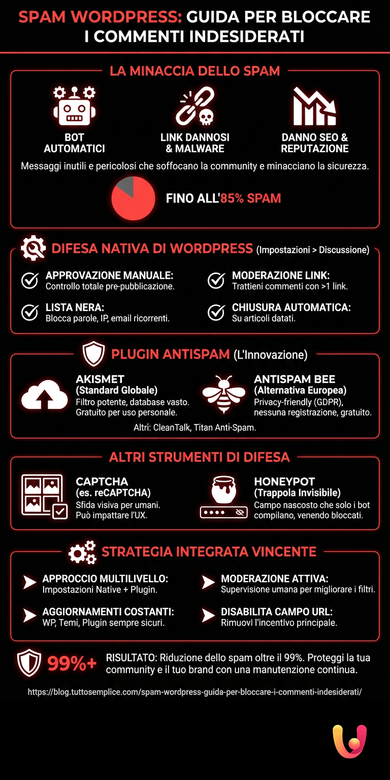 Spam WordPress: Guida per Bloccare i Commenti Indesiderati - Infografica riassuntiva