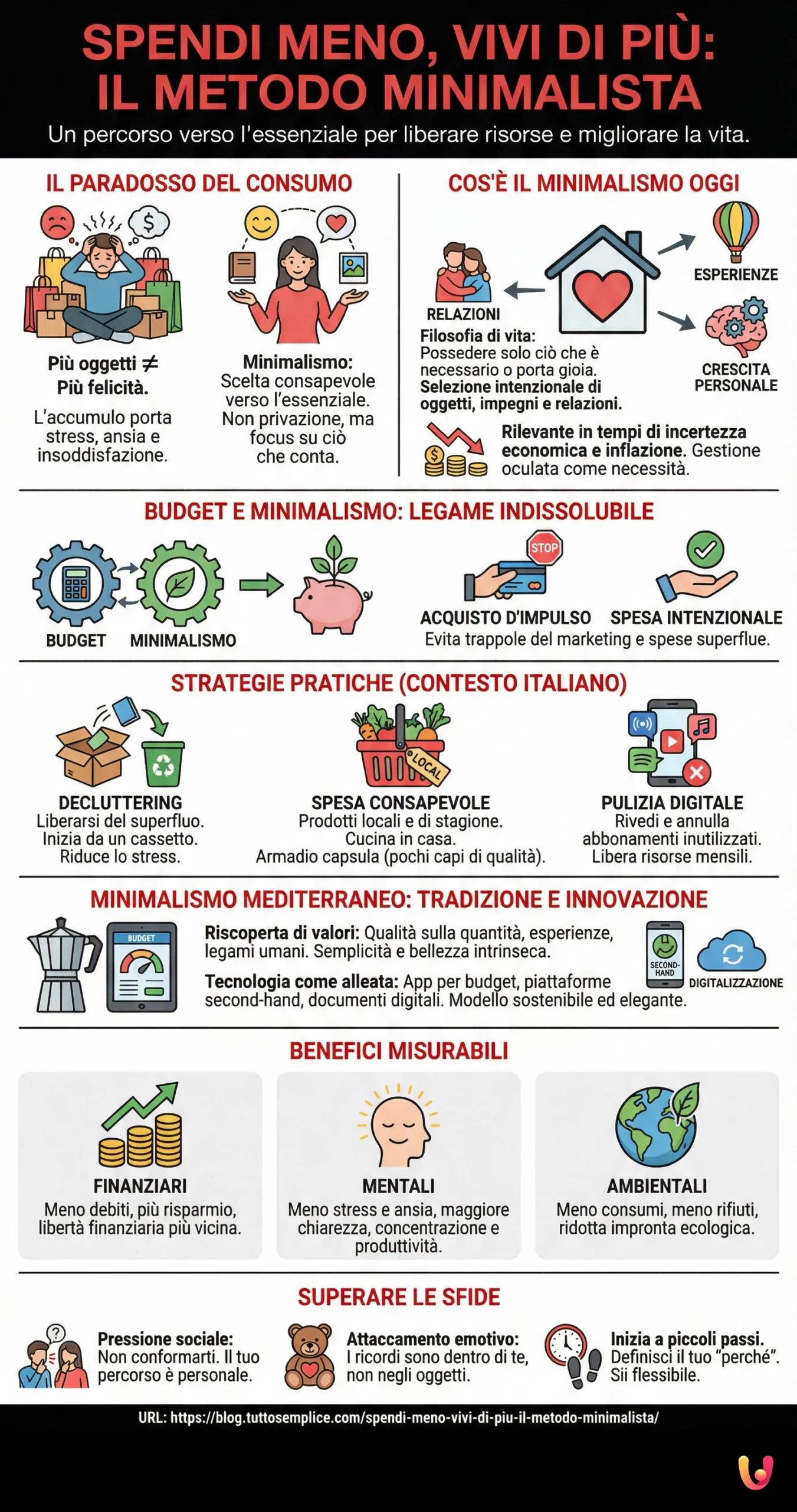 Spendi Meno, Vivi di Pi&ugrave;: Il Metodo Minimalista - Infografica riassuntiva