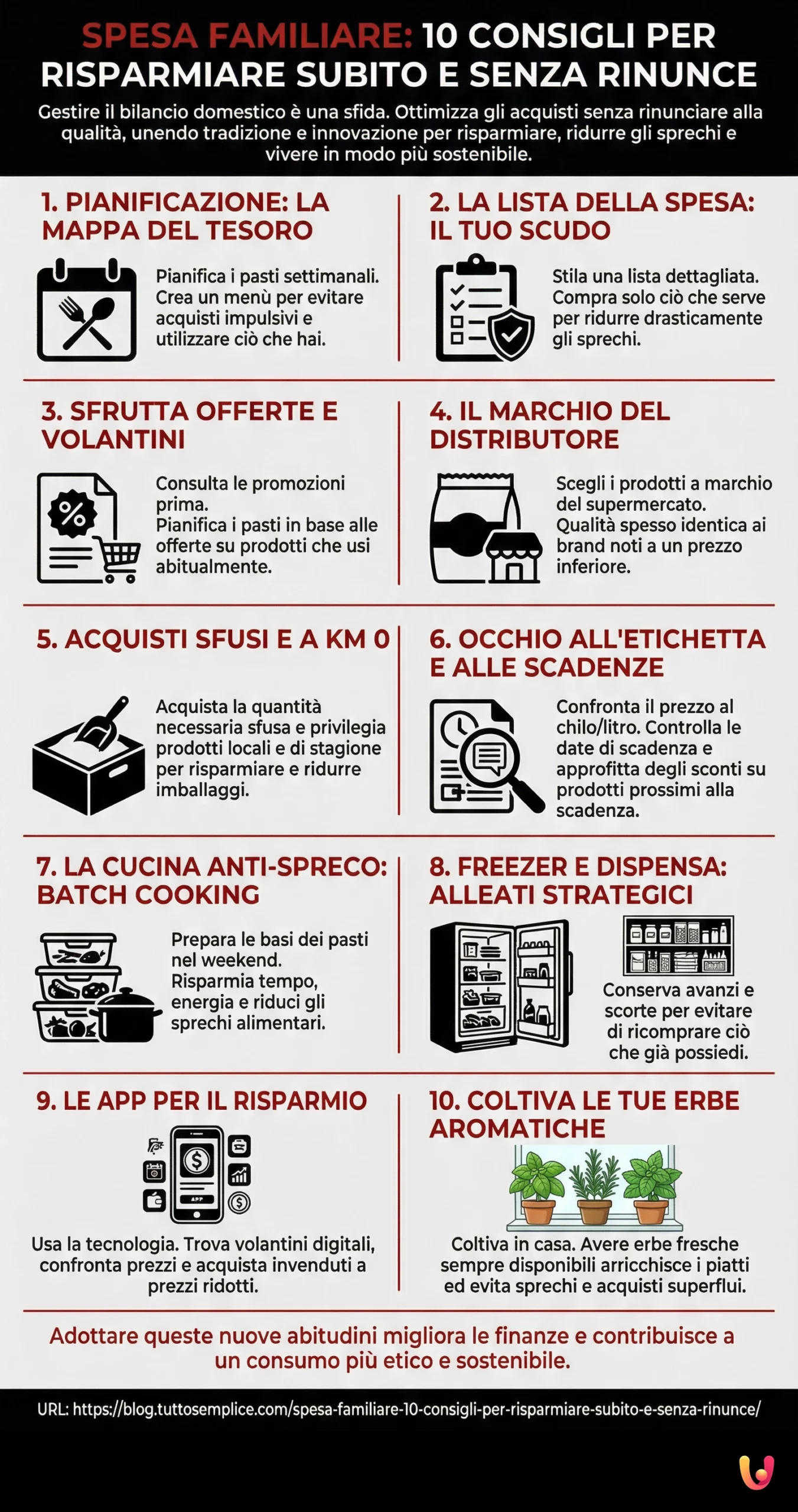 Spesa familiare: 10 consigli per risparmiare subito e senza rinunce - Infografica riassuntiva