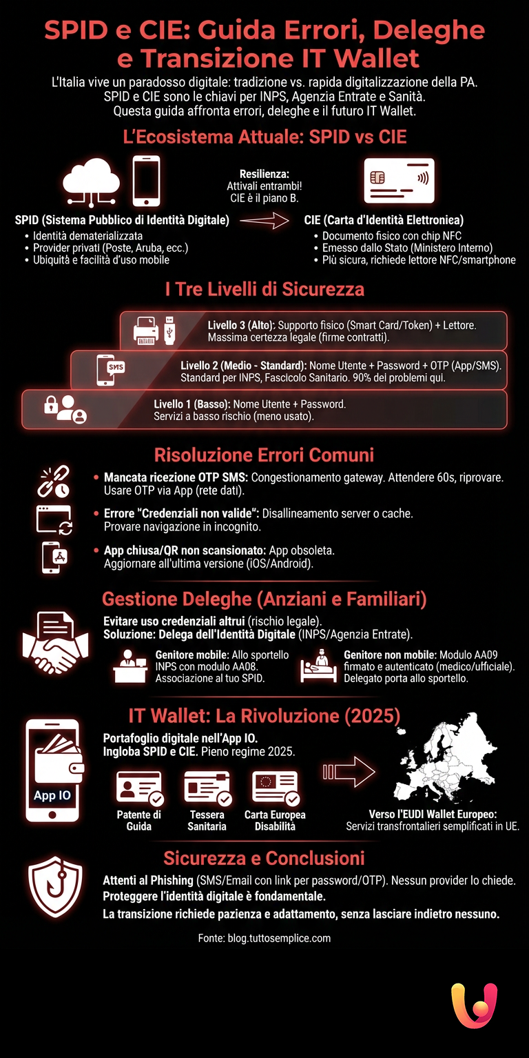 SPID e CIE: Guida Errori, Deleghe e Transizione IT Wallet - Infografica riassuntiva