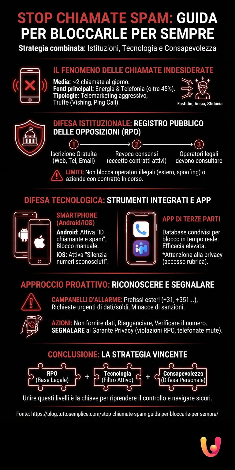 Stop Chiamate Spam: Guida per Bloccarle per Sempre - Infografica riassuntiva