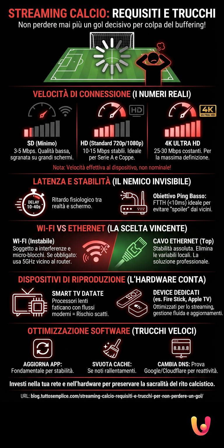 Streaming Calcio: Requisiti e Trucchi per Non Perdere un Gol - Infografica riassuntiva