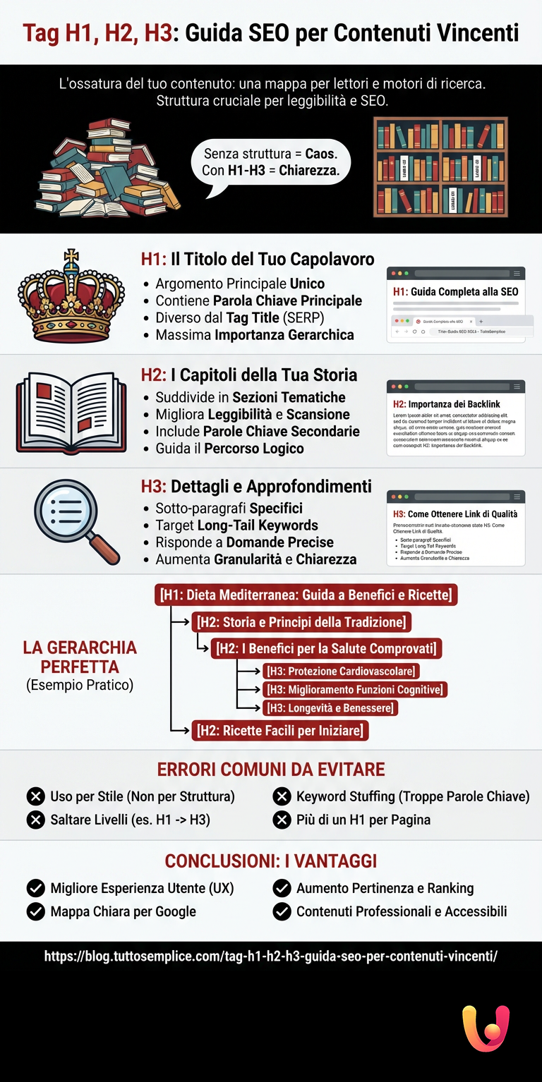 Tag H1, H2, H3: Guida SEO per Contenuti Vincenti - Infografica riassuntiva