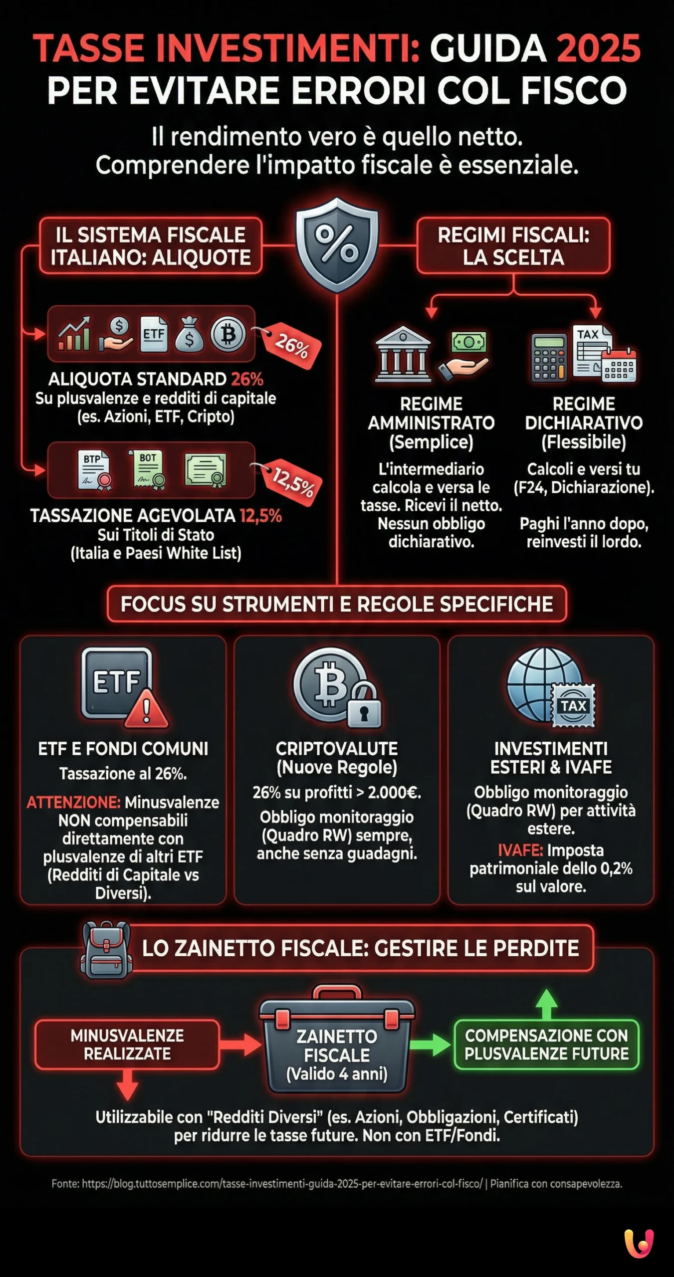 Tasse Investimenti: Guida 2025 per Evitare Errori col Fisco - Infografica riassuntiva