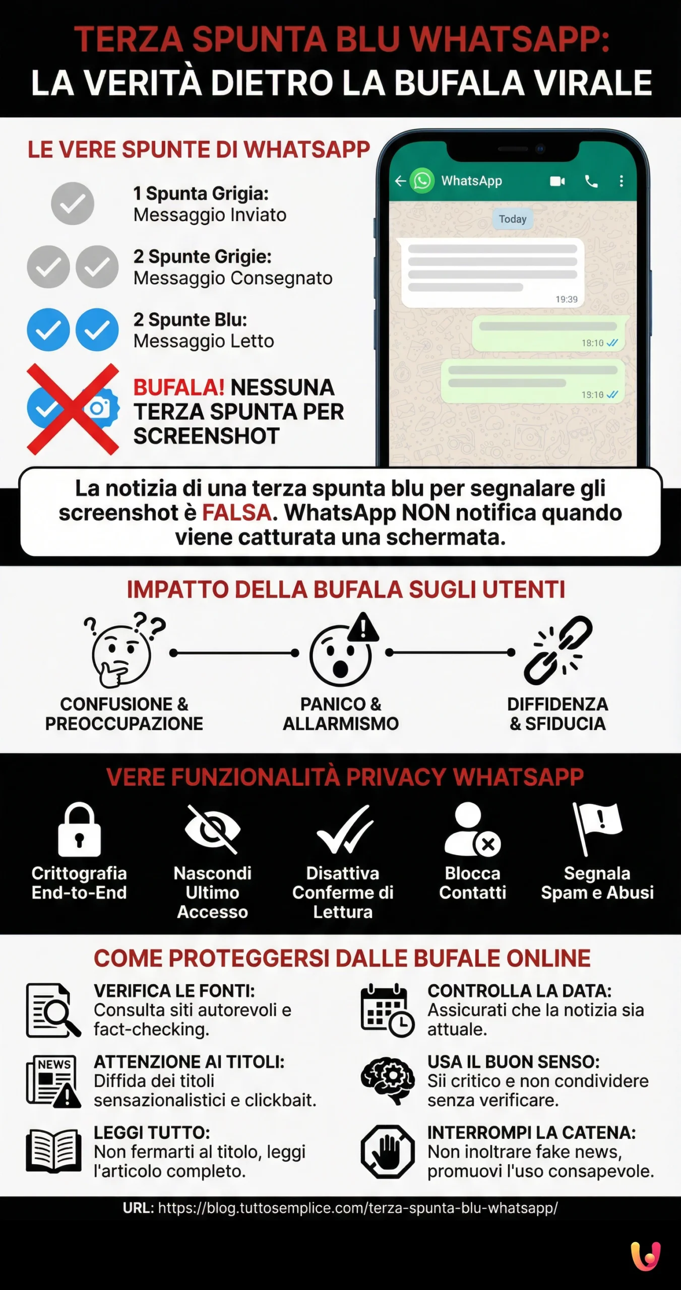 Tercer check azul de WhatsApp: la verdad detr&aacute;s del bulo viral - Infograf&iacute;a resumen