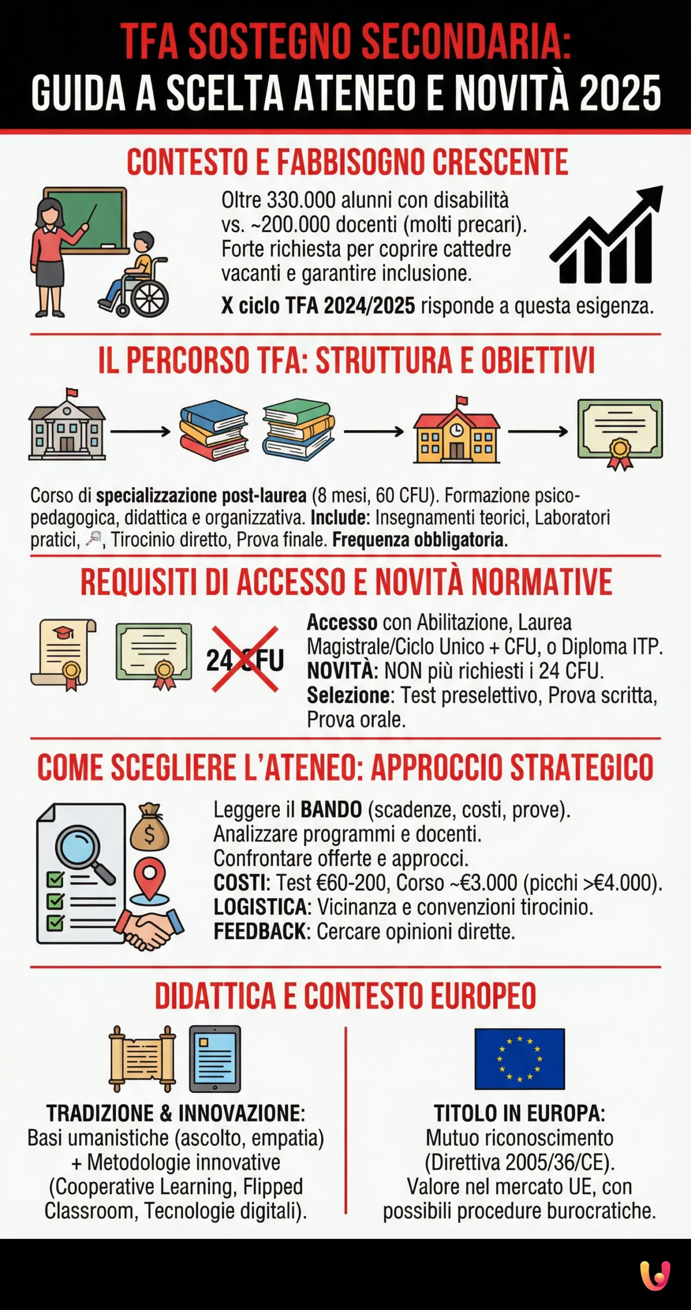 TFA Sostegno secondaria: guida a scelta ateneo e novità 2025 - Infografica riassuntiva