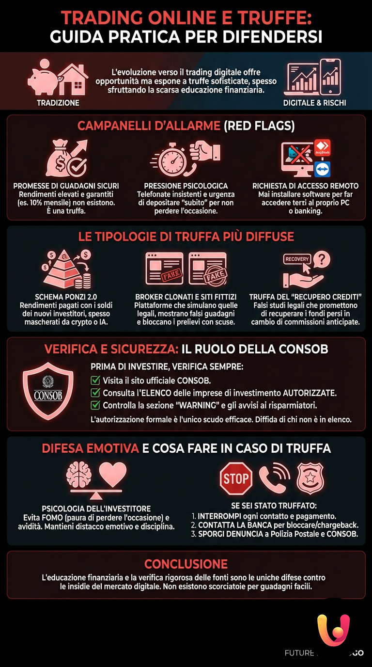 Trading Online e Truffe: Guida Pratica per Difendersi - Infografica riassuntiva