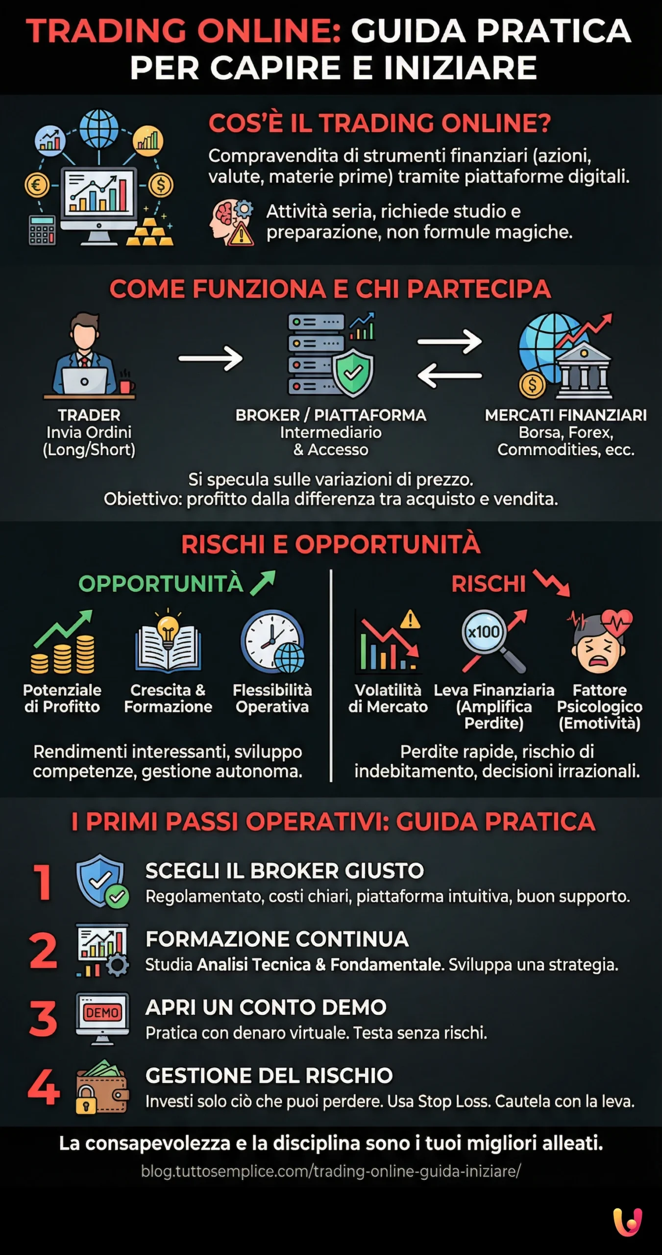 Trading Online: Guida Pratica per Capire e Iniziare - Infografica riassuntiva