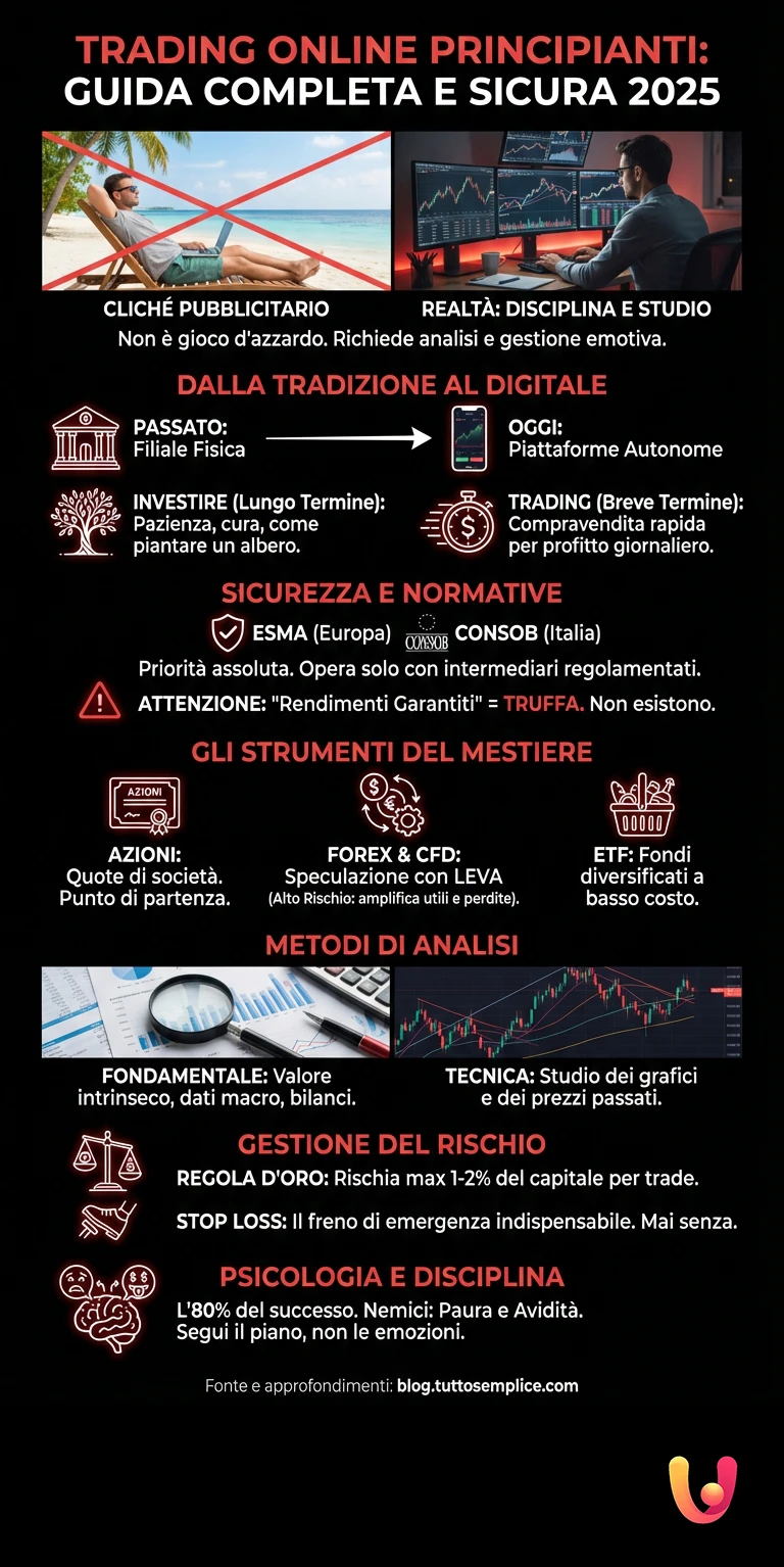 Trading Online Principianti: Guida Completa e Sicura 2025 - Infografica riassuntiva
