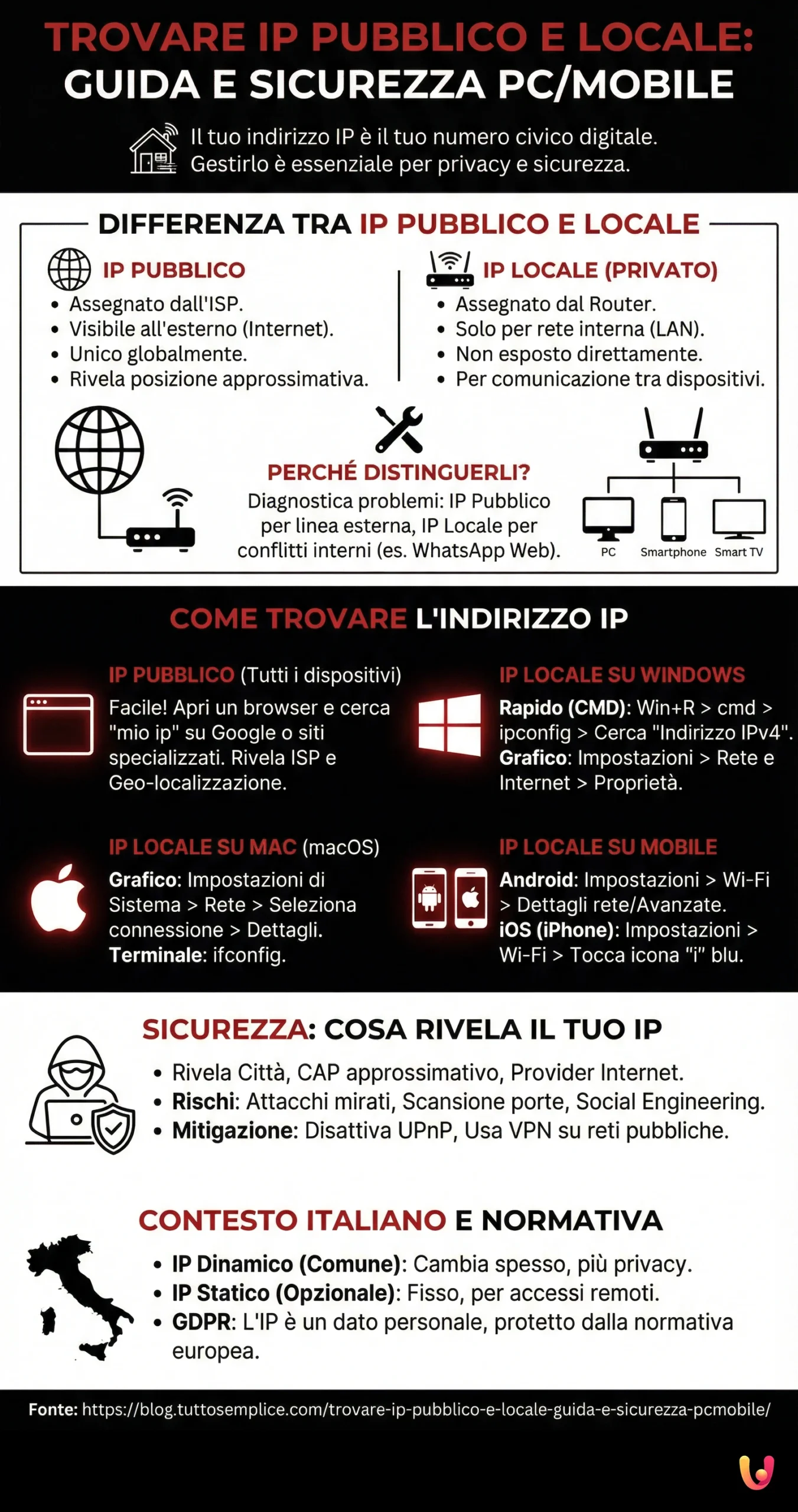 Trovare IP Pubblico e Locale: Guida e Sicurezza PC/Mobile - Infografica riassuntiva