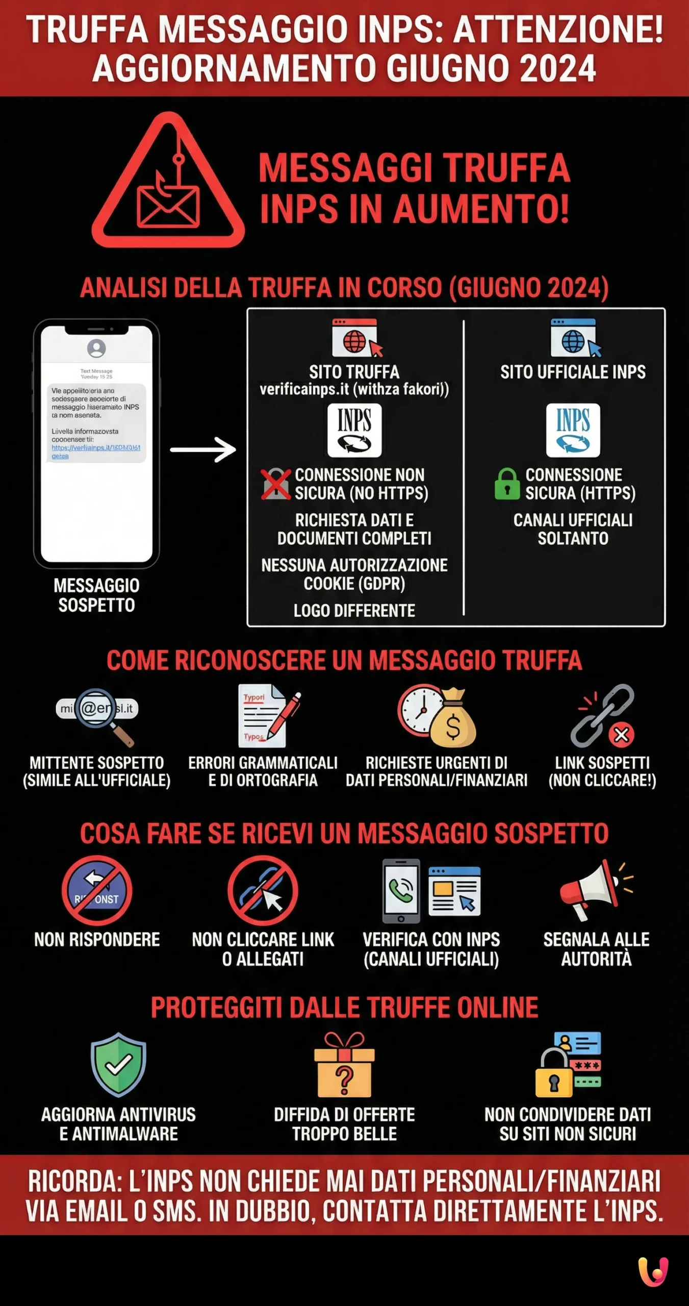 Truffa messaggio INPS: attenzione! Aggiornamento giugno 2024 - Infografica riassuntiva