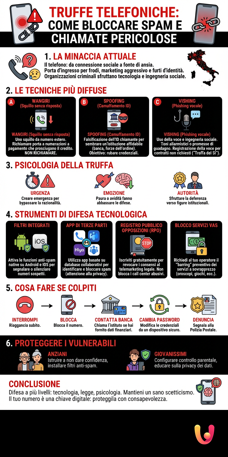 Truffe Telefoniche: Come Bloccare Spam e Chiamate Pericolose - Infografica riassuntiva