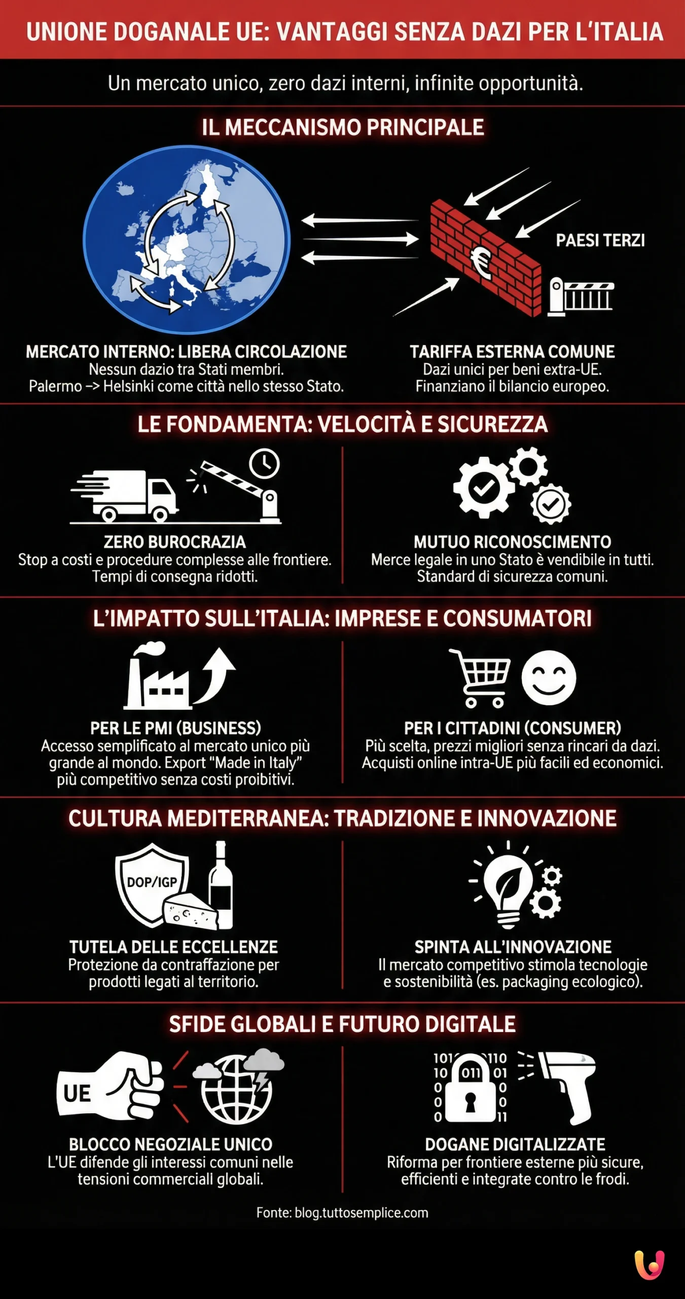 Unione Doganale UE: Vantaggi Senza Dazi per l'Italia - Infografica riassuntiva