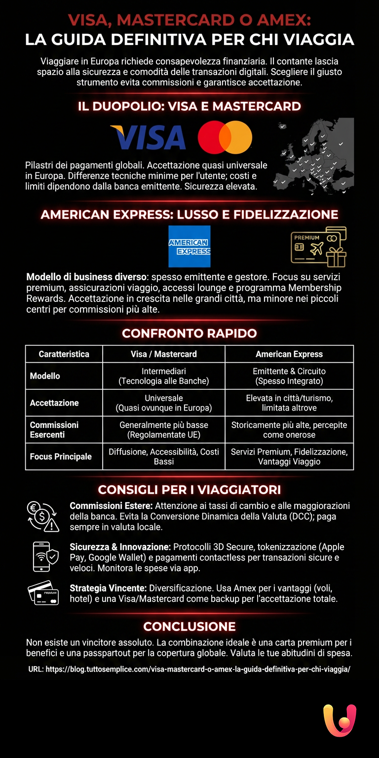 Visa, Mastercard o Amex: La Guida Definitiva per Chi Viaggia - Infografica riassuntiva