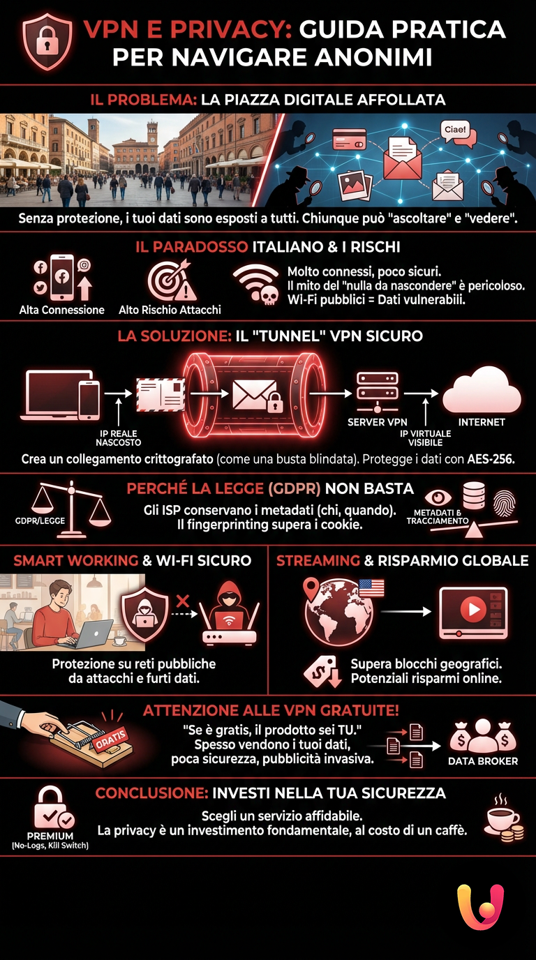 VPN e Privacy: Guida Pratica per Navigare Anonimi - Infografica riassuntiva