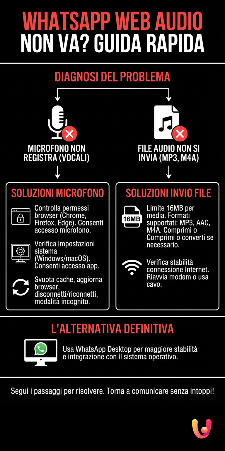 WhatsApp Web audio non va? Guida rapida per risolvere subito - Infografica riassuntiva