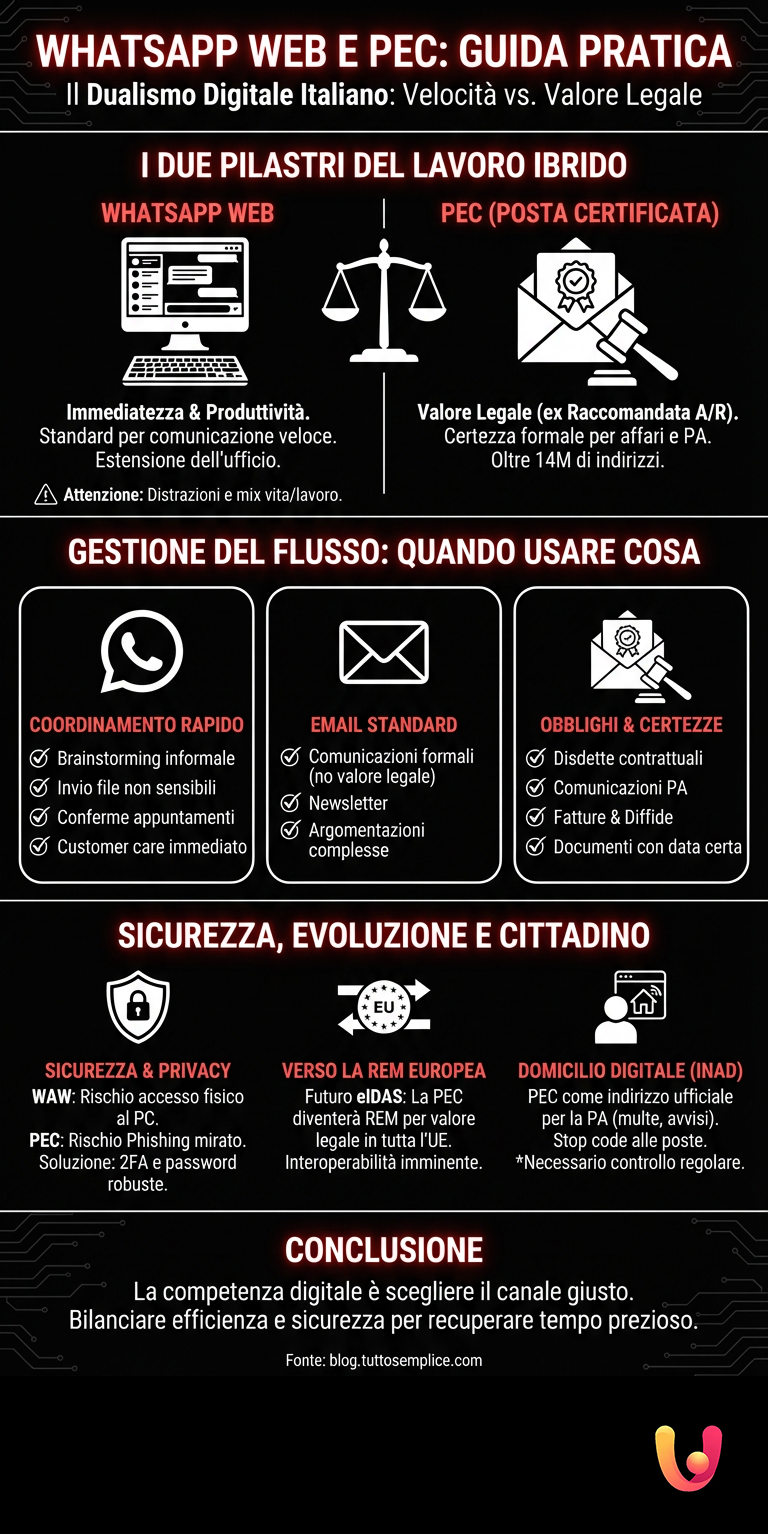 WhatsApp Web e PEC: Guida Pratica per Lavoro e Vita Privata - Infografica riassuntiva