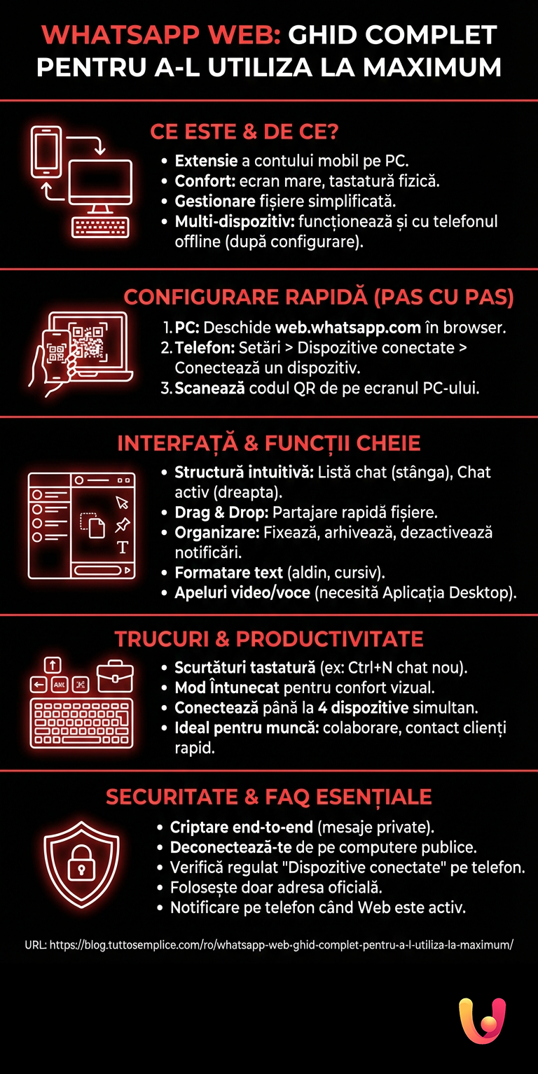 WhatsApp Web: Ghid Complet pentru a-l Utiliza la Maximum - Infografica riassuntiva