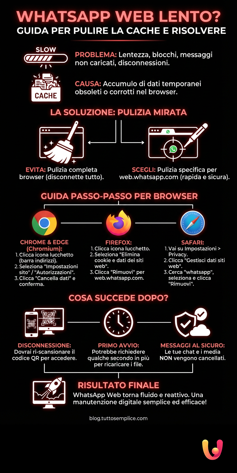 WhatsApp Web lento? Guida per pulire la cache e risolvere - Infografica riassuntiva