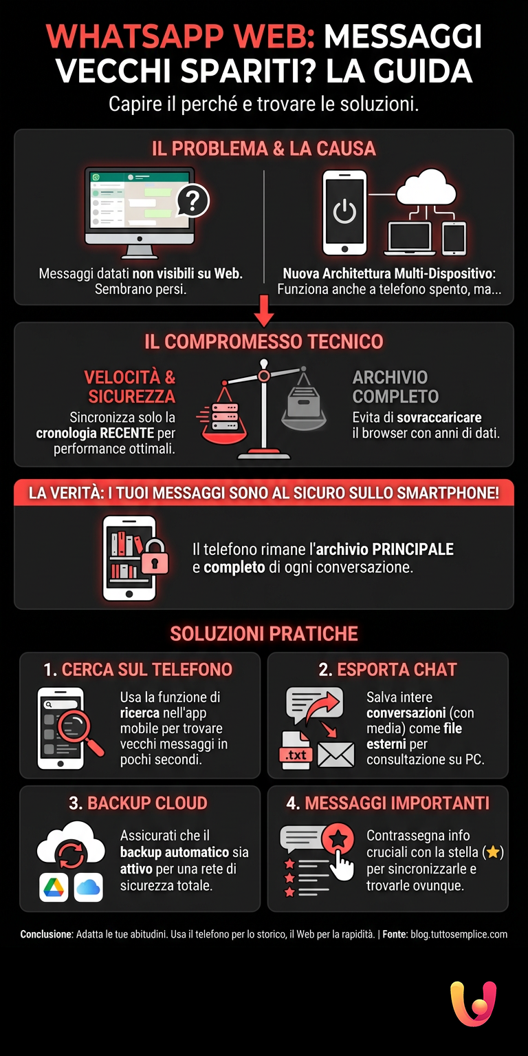 WhatsApp Web: Messaggi Vecchi Spariti? La Guida per Risolvere - Infografica riassuntiva
