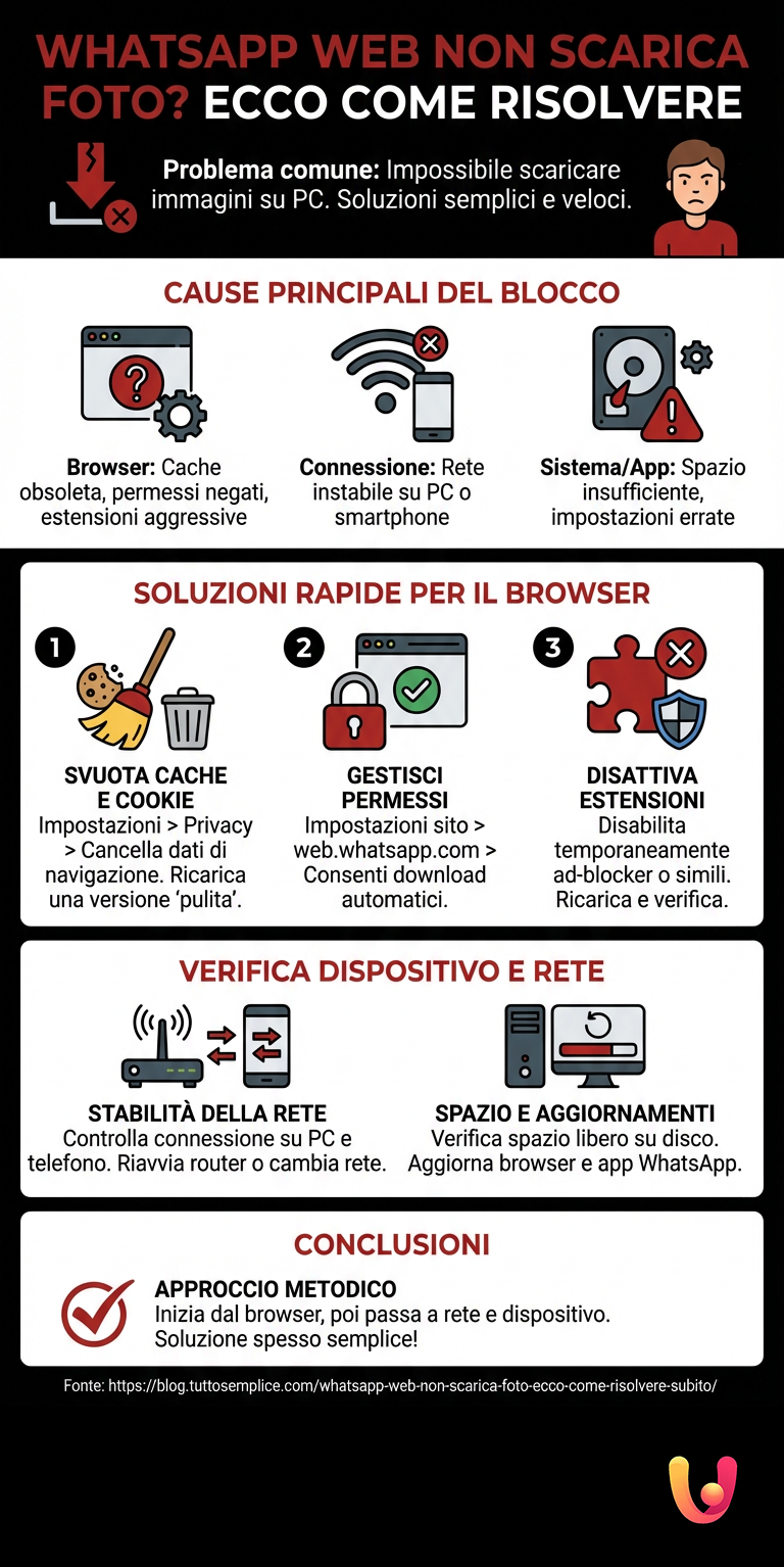 WhatsApp Web non scarica foto? Ecco come risolvere subito - Infografica riassuntiva