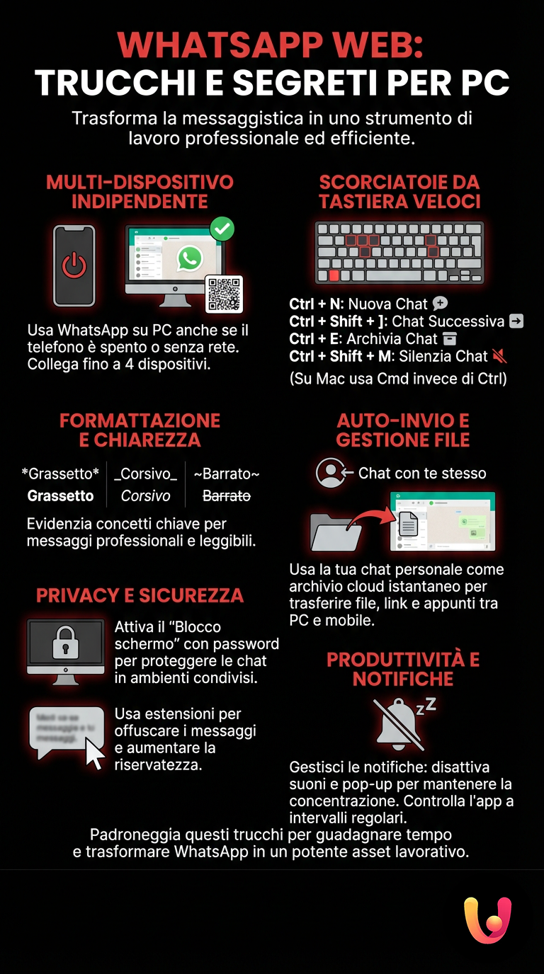WhatsApp Web: Trucchi e Segreti per PC - Infografica riassuntiva