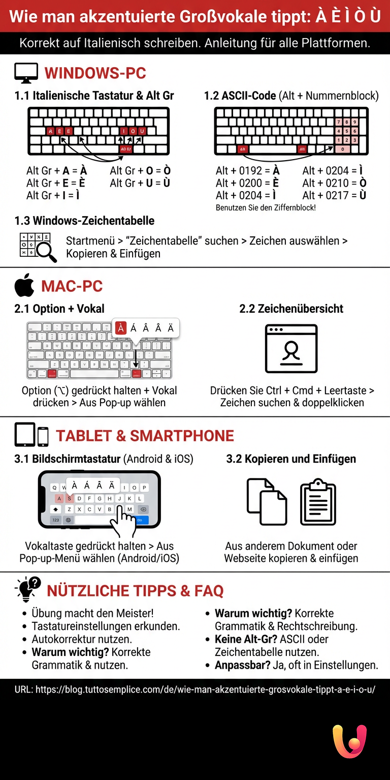 Wie man akzentuierte Großvokale tippt: À È Ì Ò Ù - Infografica riassuntiva