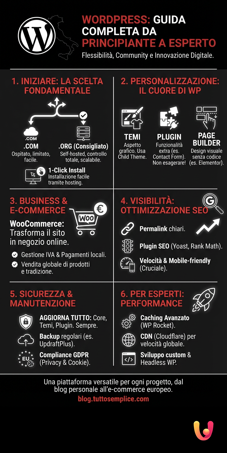WordPress: Guida Completa da Principiante a Esperto - Infografica riassuntiva