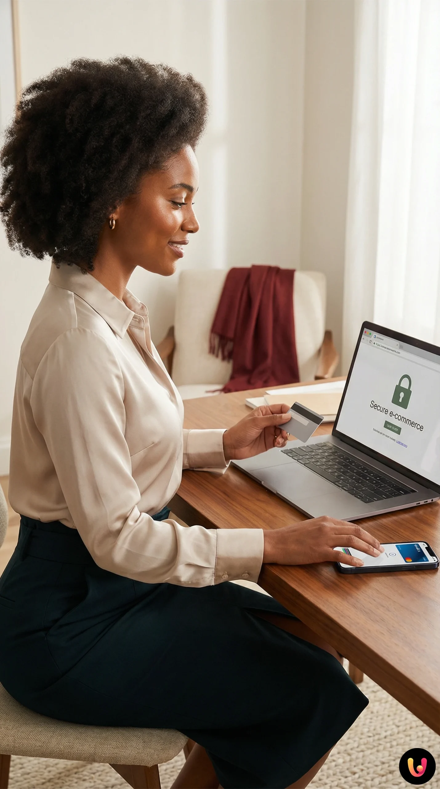 Utente effettua un pagamento online sicuro tramite smartphone e carta di credito.