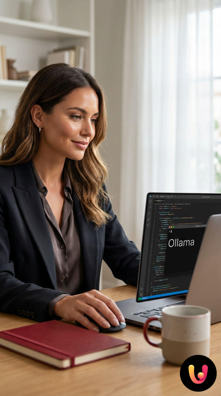 Utente al PC utilizza modelli AI offline sicuri come DeepSeek