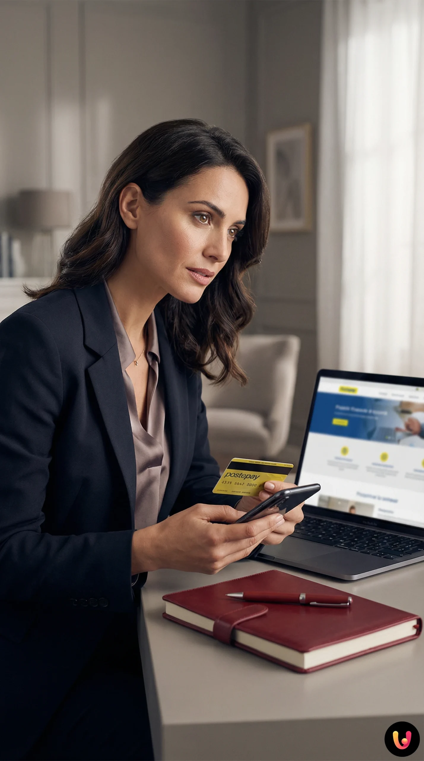 Utente controlla con attenzione lo smartphone tenendo una carta di pagamento in mano