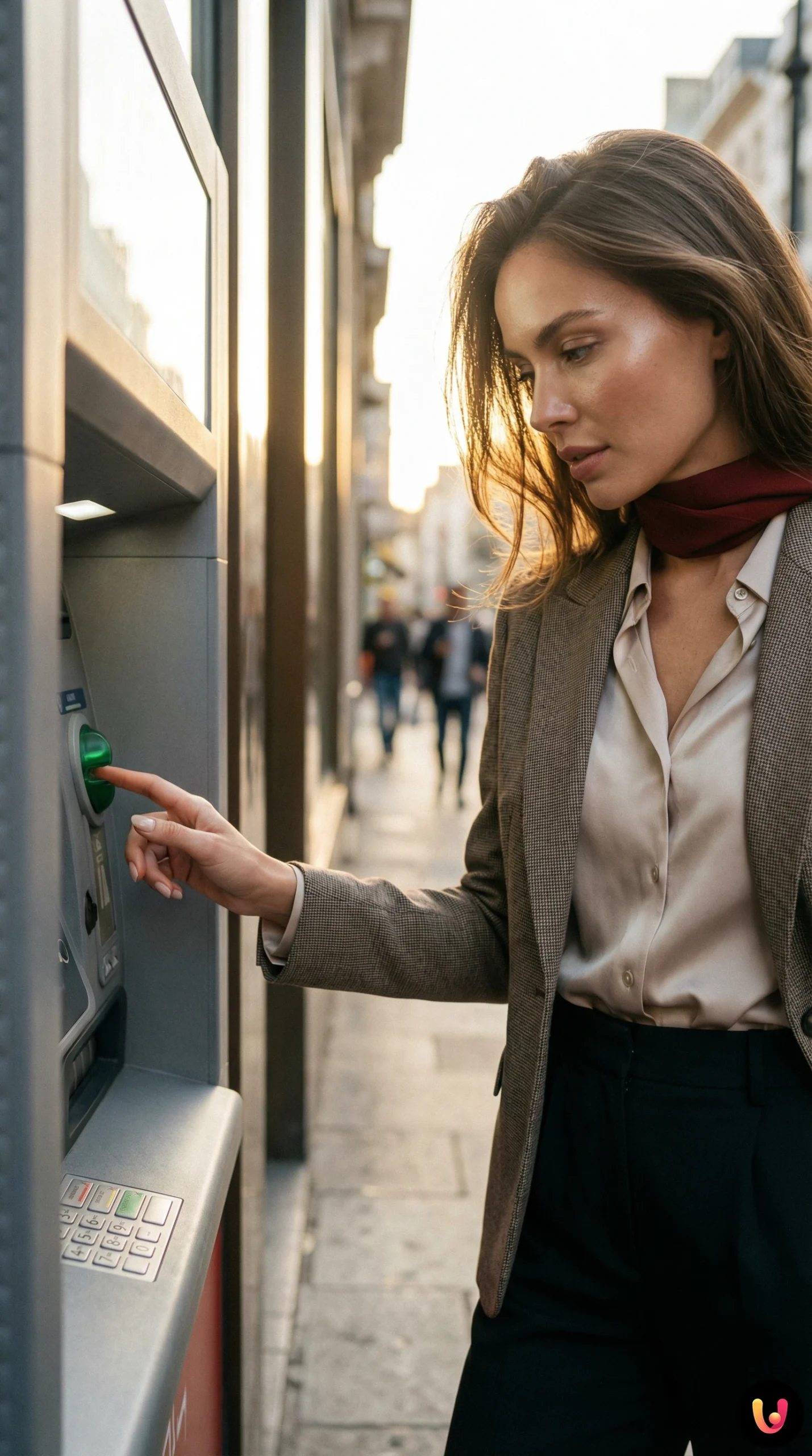 Utente controlla la fessura della carta di un ATM per verificare eventuali manomissioni.