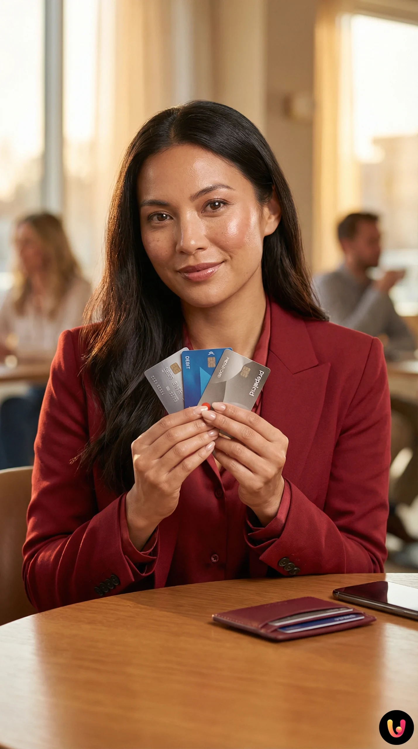 Assortimento di carte di credito, debito e prepagate su una scrivania moderna.