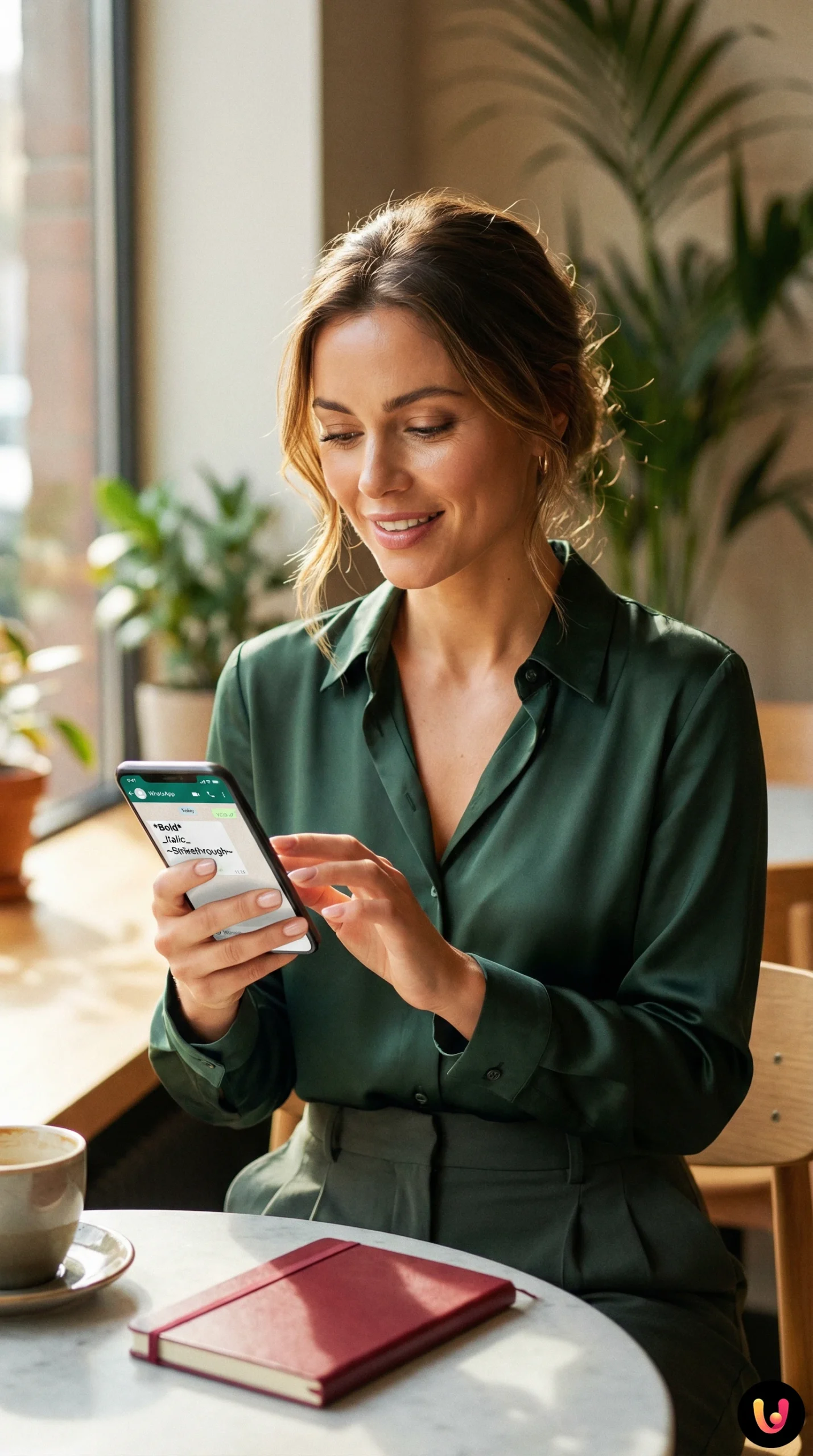 Smartphone con chat WhatsApp aperta che mostra esempi di testo formattato