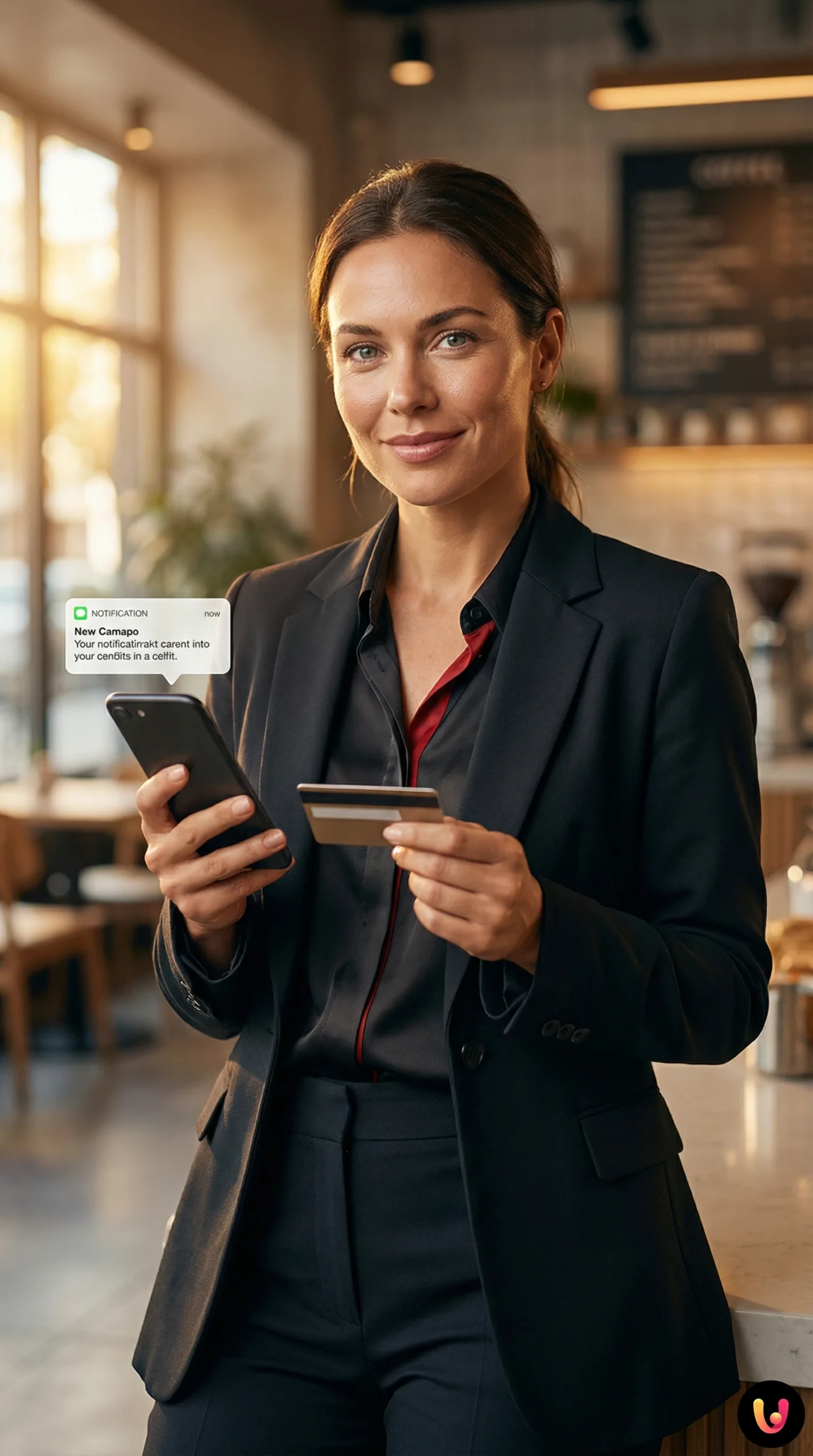 Persona controlla notifiche bancarie su smartphone con carta di credito in mano