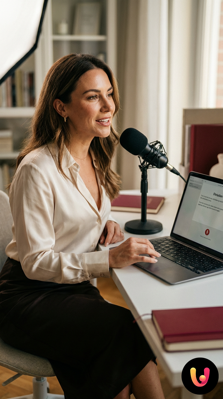 Utente utilizza la dettatura vocale su MacBook per scrivere testi senza tastiera
