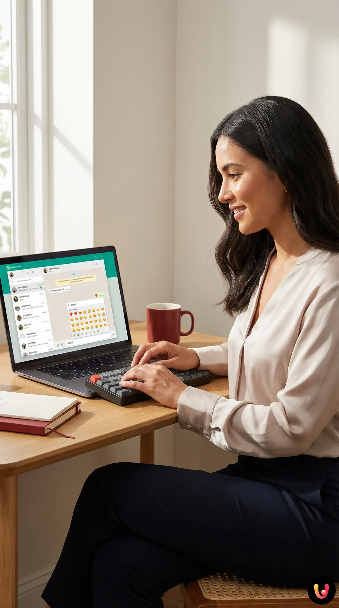 Mani digitano su tastiera laptop con schermata chat WhatsApp ed emoji in evidenza