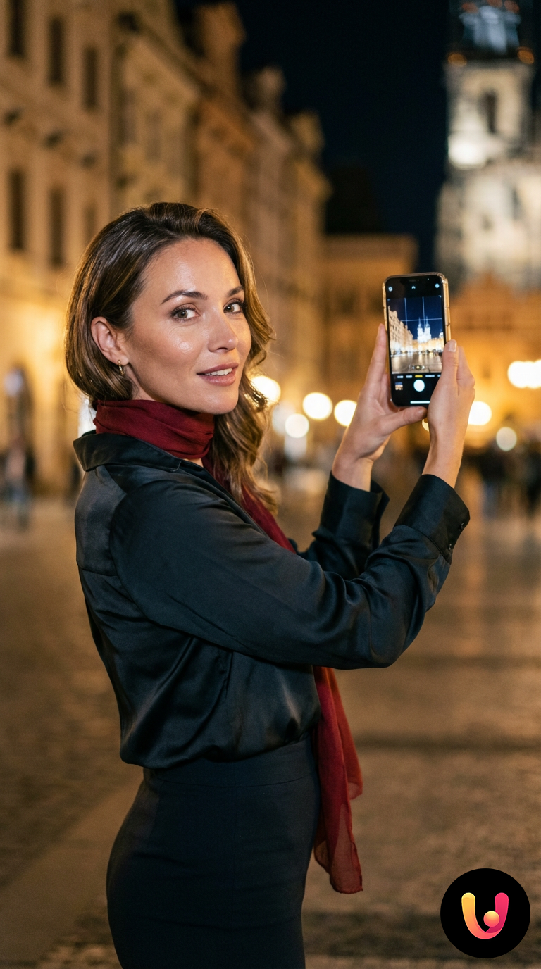 Smartphone framing an illuminated urban skyline at night