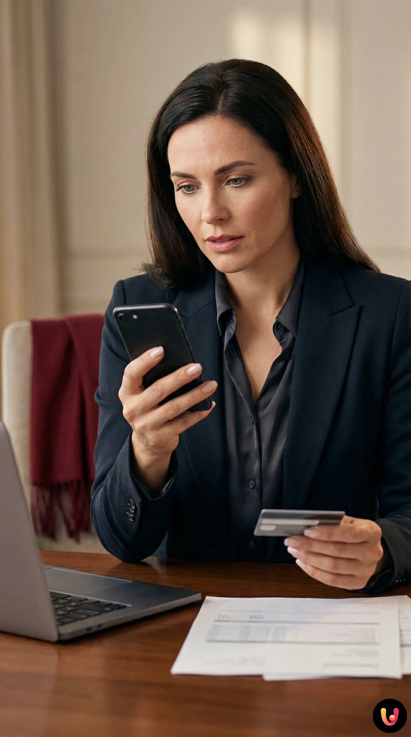 Smartphone con notifica di allerta sicurezza bancaria e carte di credito su scrivania