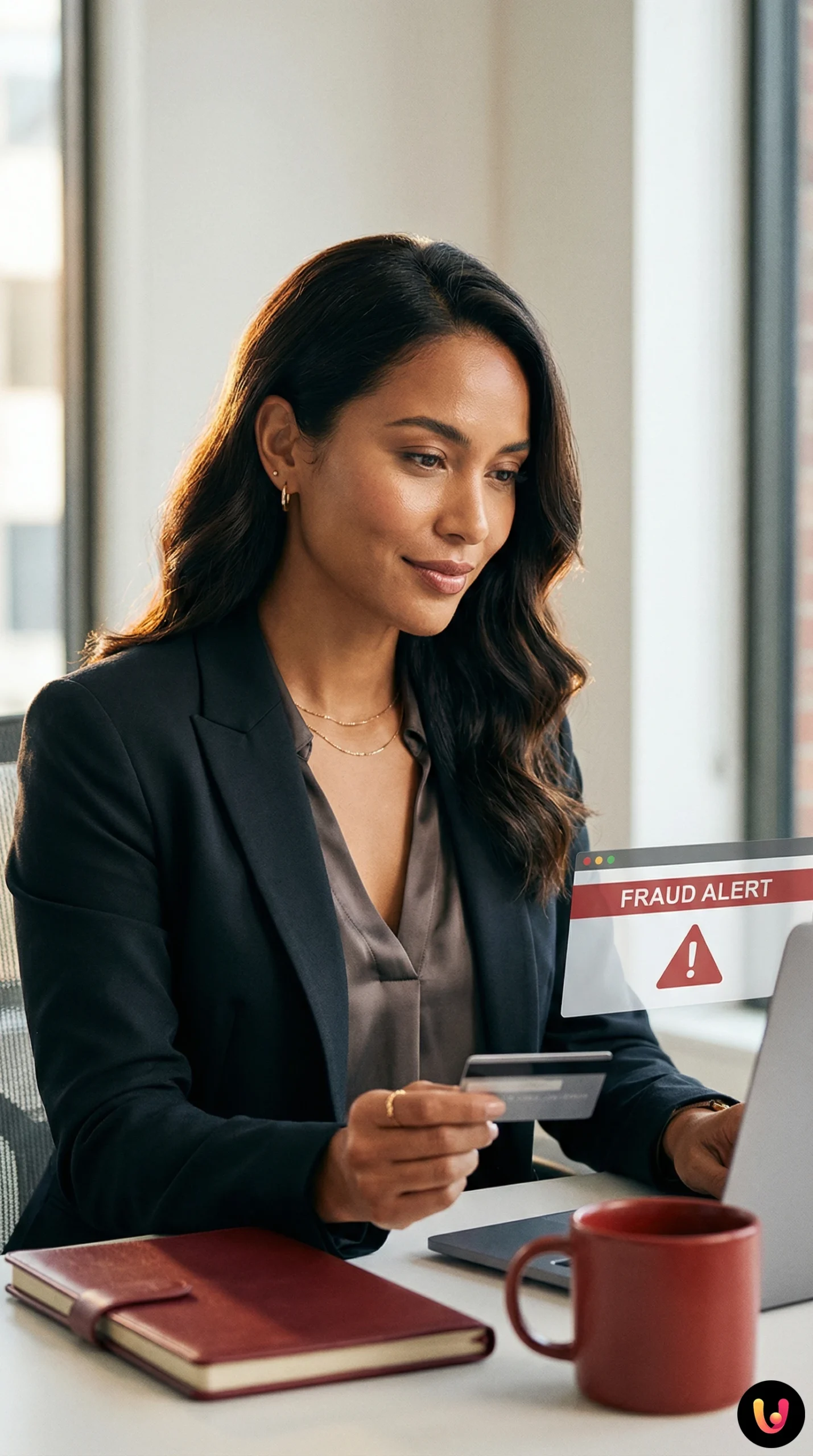 Utente verifica transazioni sicure su carta di credito tramite computer portatile.