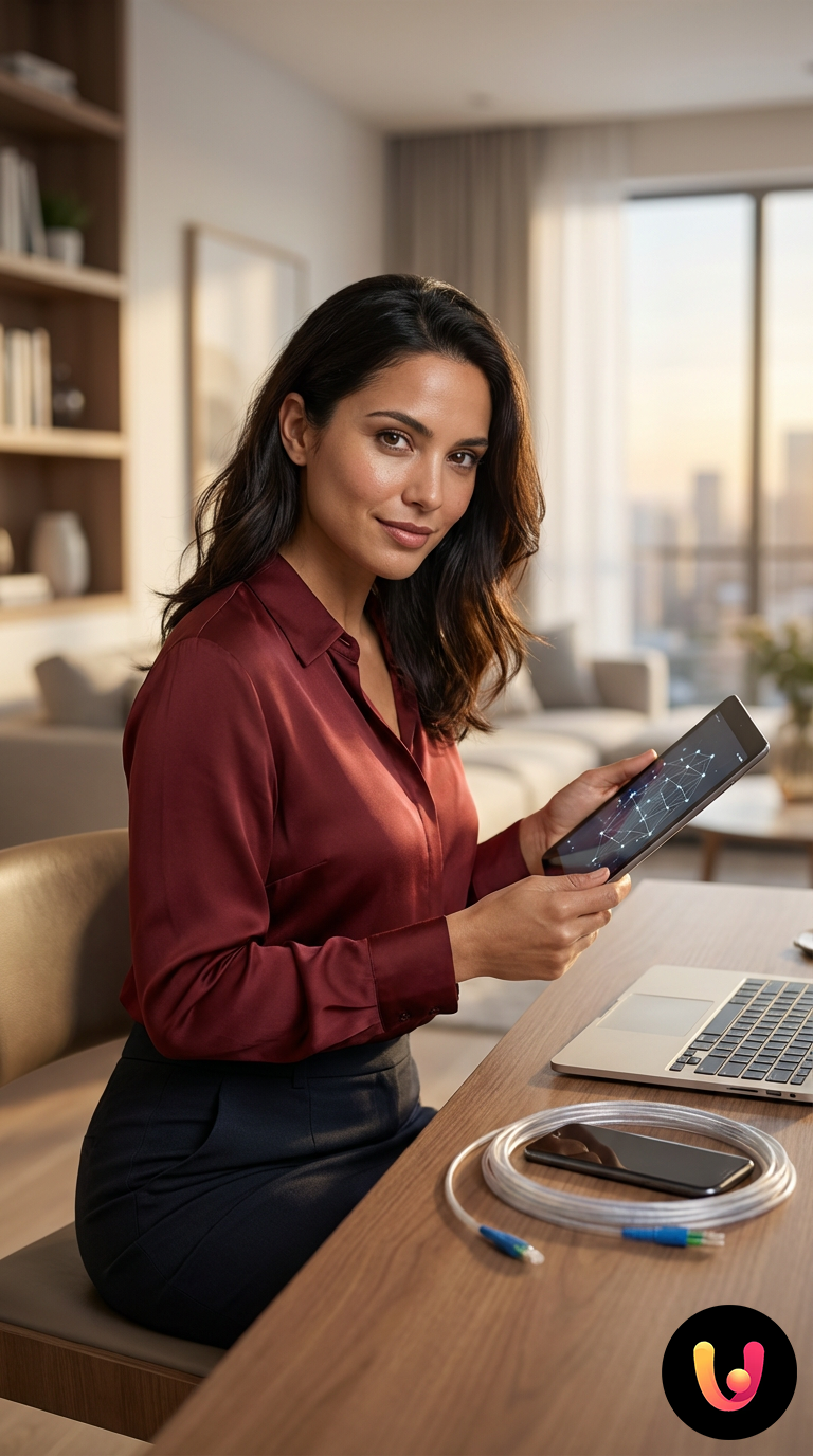 Utente naviga online con connessione fibra ottica veloce e protetta da minacce informatiche